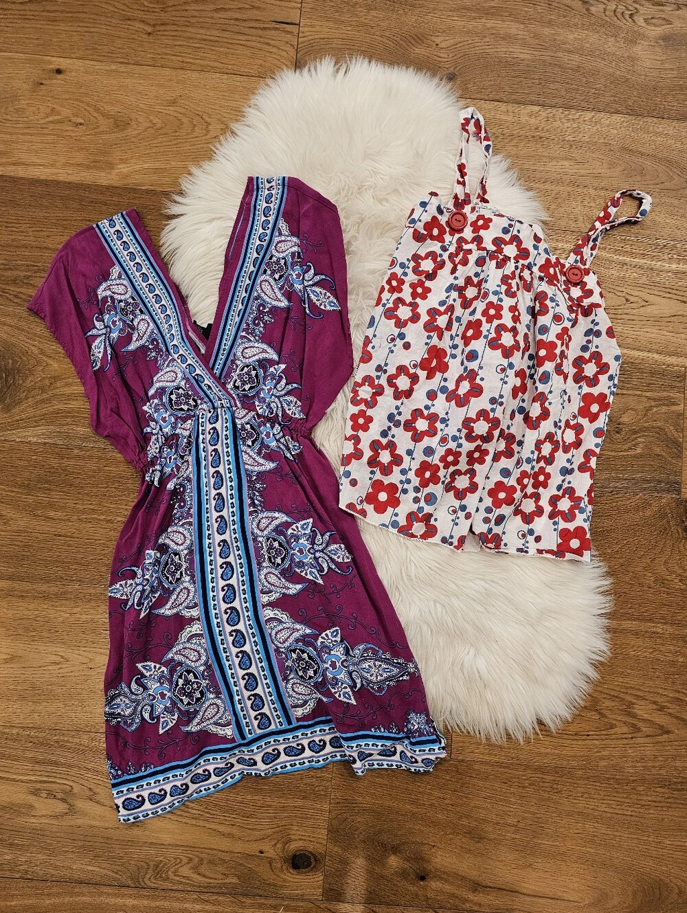 Vintage Purple Paisley Wrap Dress & Red Floral Tank Set